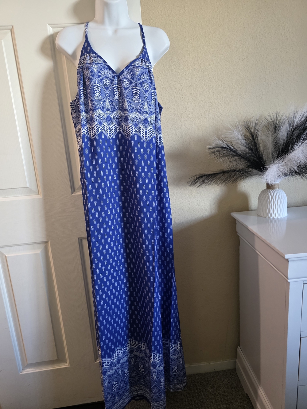 Blue Printed Maxi Dress with Spaghetti Straps